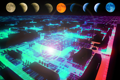 Nine colorful moons in different phases are above a neon-lit silhouetted data center