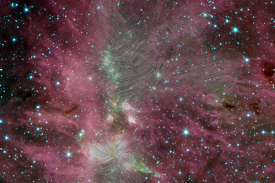 Deep-space image shows stars and galaxies, along with reddish-purple gas clouds and bright green spots. Many faint black lines are superimposed throughout.