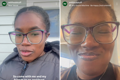 Two screenshots of Michaela Brown's selfie videos on the MIT Food Stuff Instagram account