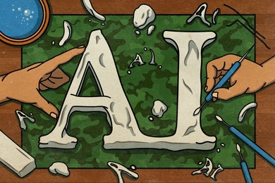 Cartoon illustration shows a pair of hands molding the letters A and I from clay