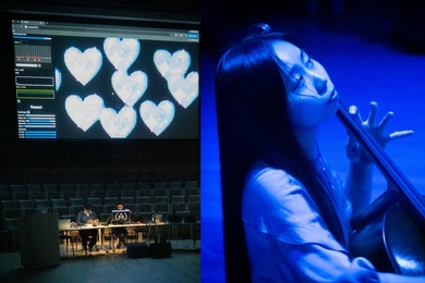 Split image: Left shows two people at a desk with a large screen displaying digital blue hearts; right shows a person playing a cello, illuminated by blue light.