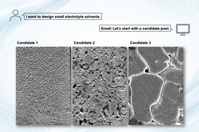 3 microscope images of materials, with text above. A human says, "I want to design small electrolyte solutions," and an AI responds, “Great! Let’s start with a candidate pool."