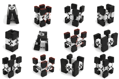 12 examples of configurations made of black and white connector blocks.